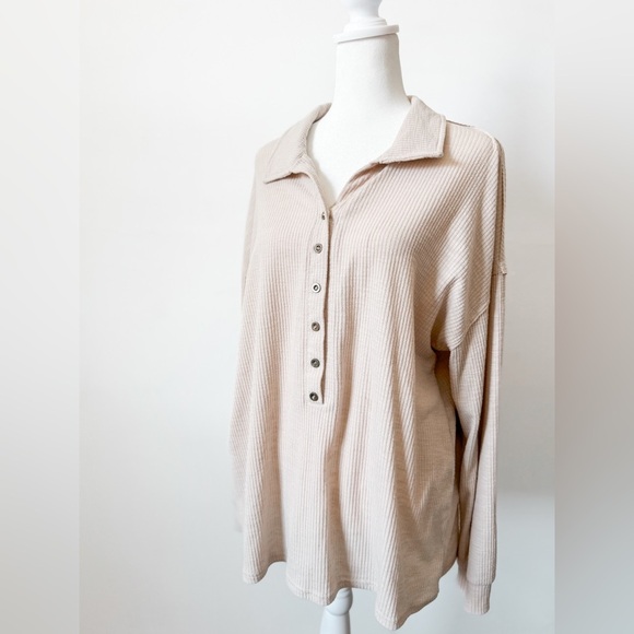 Cream Long Sleeve Quarter Button Up - Picture 1 of 5